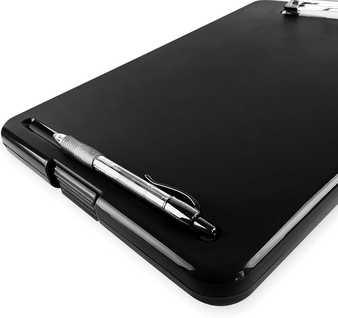 Clipboard with Storage Slim Folding for Nursing, Teachers, Coaches & Office, Plastic Heavy Duty with Pen Holder (9.5” x 13.5”) (Black)