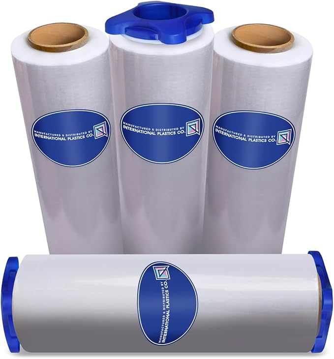 International Plastics Co. 18" Stretch Film/Wrap 1500 feet 7 Layers 80 Gauge Industrial Strength up to 800% Stretch 20 Microns Adhering Packing Moving Heavy Duty (Clear, 4 Pack - Tension Handles)