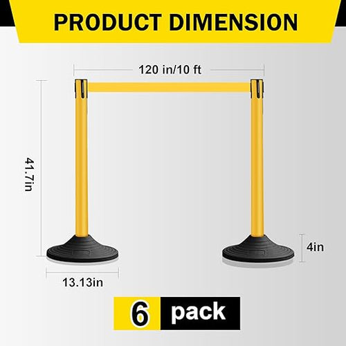 10 ft Crowd Control Stanchion Set, Crowd Control Barrier, Stanchions with Retractable Belts & Base, Retractable Stanchions, Queue Management Stanchion (6 Pole) (Yellow)
