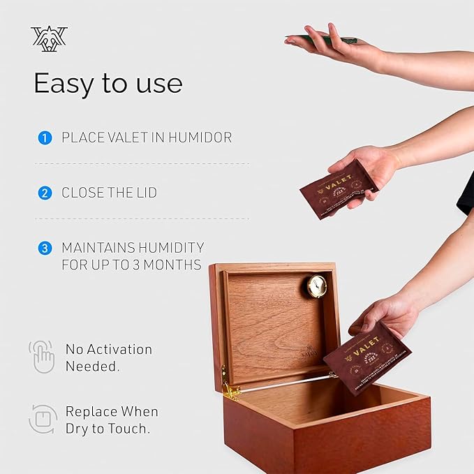 Valet 75% Two-Way Humidity Packs for Wood Containers, 12-Pack, 60g Each, Humidifier Pack Prevents Leaks and Controls Moisture with Natural Craft Paper Design