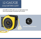 Retractable Extension Cord Reel, 65 Feet 12 AWG/3C SJTOW Heavy Duty Power Cord,15 AMP Circuit Breaker, 3-Lighted Triple Outlets, Ceiling or Wall Mount,Yellow