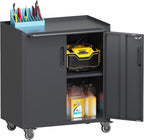 Metal Storage Cabinet with Wheels, Lockable Rolling Tool Chest with Adjustable Shelf & Handle & 2-Doors, Mobile Steel Locker for Garage, Home, Office, Warehouse, Assembly Required, Black