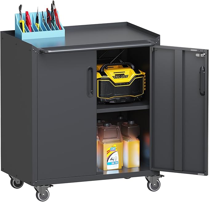 Metal Storage Cabinet with Wheels, Lockable Rolling Tool Chest with Adjustable Shelf & Handle & 2-Doors, Mobile Steel Locker for Garage, Home, Office, Warehouse, Assembly Required, Black