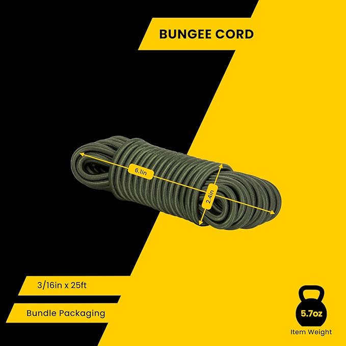 Bungee Cord Elastic Shock Cord 3/16" x 25' Bungee Rope for DIY, Tie Downs, Kayak and Outdoor - Army Green