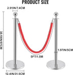 6PCS Stainless Steel Stanchions Post w/ 4 Red Velvet 5ft Carpet Ropes - Hollow Base for Red Carpet Queue - Crowd Control Barriers Ideal for Party, Wedding, Hotels, Exhibitions - Silver