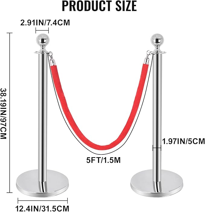 6PCS Stainless Steel Stanchions Post w/ 4 Red Velvet 5ft Carpet Ropes - Hollow Base for Red Carpet Queue - Crowd Control Barriers Ideal for Party, Wedding, Hotels, Exhibitions - Silver