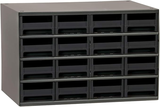 Akro-Mils Steel Garage Storage Cabinet, Small Parts Organizer Metal Cabinet for Hardware, Nails, Screws, Bolts, Nuts, and More, 17" W x 11" D x 11" H, 16-Drawer, Gray Cabinet/Black Drawers (19416)