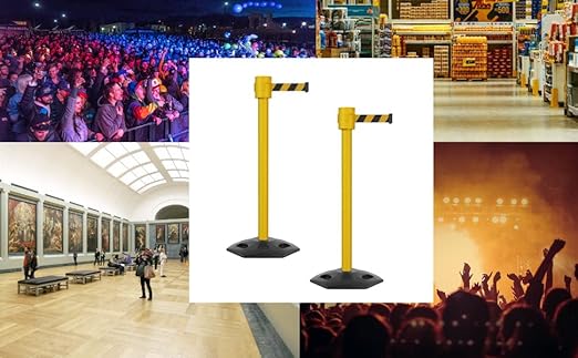 Montour Line MSR760 Set of 2 Retractable Belt Barrier Stanchion, Rubber Base, Yellow Post (35 ft Black with"Please Wait HERE" White Letters Belt)