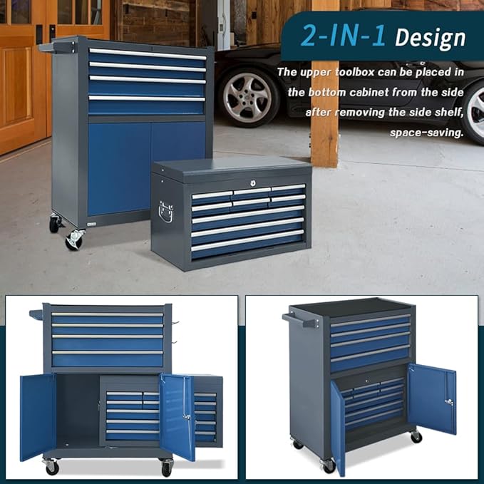 13-Drawer Rolling Tool Chest with Double Door, Extra Large Storage Cabinets with Tool Box, 2-in-1 Detachable Design, 600 lbs Capacity with Lockable Wheels for Garage, Mechanic & Home Use (Blue＆Grey)