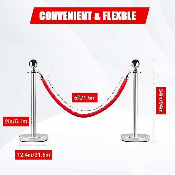 4Pcs Stanchions and Cords Silver Stainless Steel Crowd Control Barriers with 2 Red 4.92Ft Satin Cords Fillable Sand Base No-Tool Assembly for Wedding Party Museum Hotel Exhibition