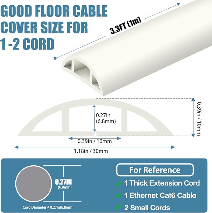 Floor Cord Covers for Wires 3.3FT Cable Hider Wire Cover Self Adhesive Cord Hider Floor for Offices, Homes, Workshops, Warehouses Cable Cavity 0.39" W x 0.27" H