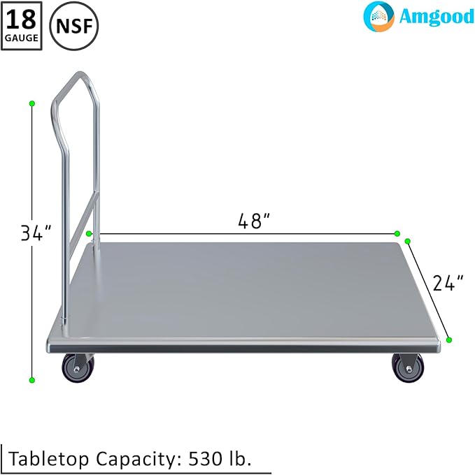 AmGood Stainless Steel Platform Cart. 24 in. Wide x 48 in. Long x 32 in. High. Push Dolly Flatbed Cart with Handle.