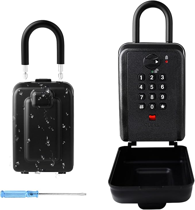 Key Lock Box, 12-Digit Code, Weatherproof Wall Mount, Large Capacity 5-8 Keys, Aluminum Alloy (Black, 3.58 * 2.24 * 7.8IN with Shackle)