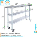 AmGood Stainless Steel Work Table with 2 Shelves and Casters | Metal Utility Table On Wheels (Stainless Steel Work Table with 2 Shelves + Casters, 60" Long x 18" Deep)