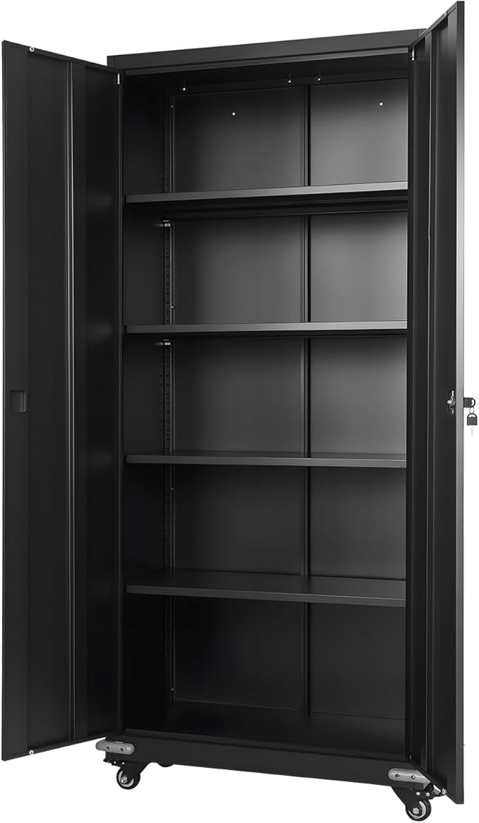 VEVOR Metal Storage Cabinet, 72.6 in Rolling Steel Garage Cabinet with 4 Adjustable Shelves, 2 Magnetic Doors & 2 Keys, 5 Tiers Lockable Tool Storage for Pantry, Warehouse, Basement, Office, Black