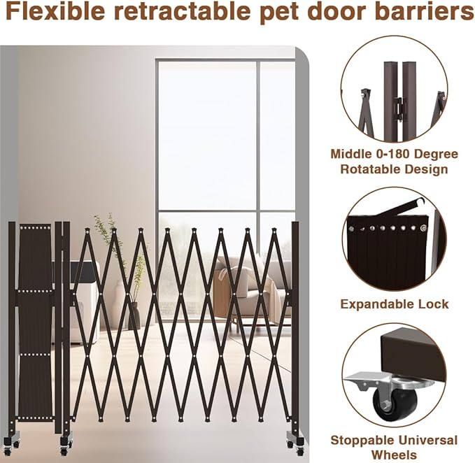 Expandable Driveway Gate, Portable Barricade Gate with Casters, Metal Folding Security Gate, 209" Wide Aluminum Expandable Garden Fence, Outdoor Dog Fence for Yard (Brown, 216.54)