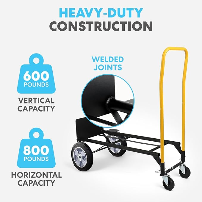 SIMPLI-Magic 2 in 1 Convertible Hand Truck and Dolly, 800LBS – Heavy-Duty Moving Dolly Cart with 10" Flat Free Rubber Wheels & Handle