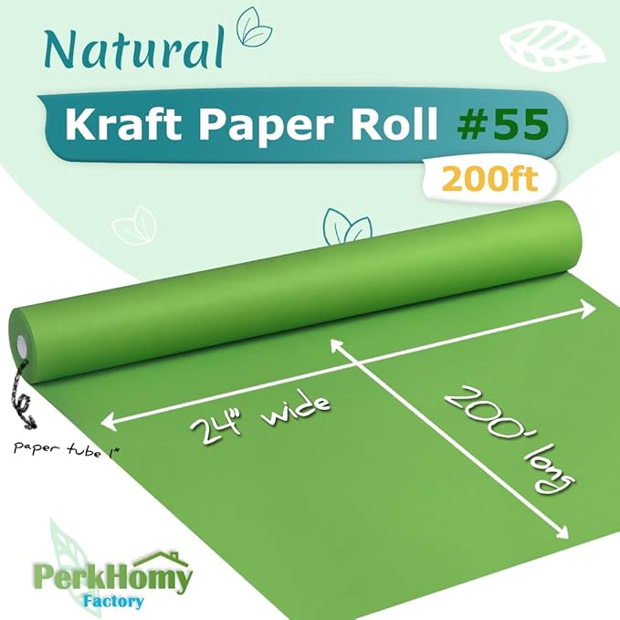 PerkHomy 24" x 2,400" (200') Medium Green Kraft Paper Roll for Craft Bulletin Board Paper Art Table Covering Crafting Gift Wrapping Bouquet Packing Parcel 80GSM 55LB (Medium Green, 24" x 200')
