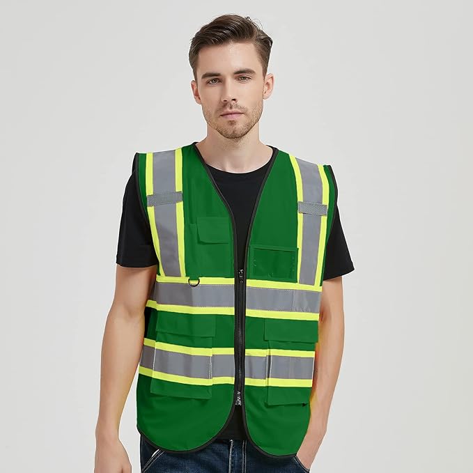 Safety Vest Reflective High Visibility with 5 Pockets ＆Zipper Class 2 Adult Unisex Construction Security Workwear