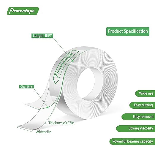 Clear Double Sided Tape(1 in x 15 ft) Extra Long Mounting Tape,Strong Adhesive,Residue-Free for Hanging Pictures, Mounting Decor