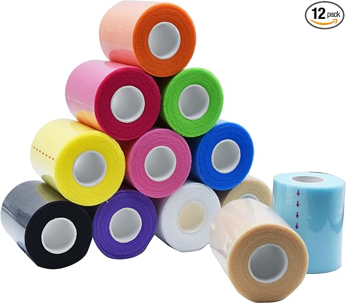12 Packs Pre Wrap Tape, 11 Colors 2.76 Inch x 11Yards Prewrap Athletic Tape for Soccer,Foam Sport Underwrap, Underwrap Bandage for Wrists Ankles Prewrap Headbands for Hair (Rich Color)