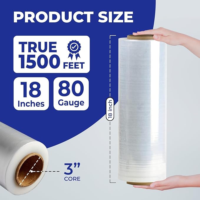 Rosmonde 18" Plastic Wrap for Moving, 20 Pack, 18" x 1500 ft Shrink Wrap, 80 Guage Thick, 9.4 lbs/Roll, Premium Shrink Wrap Roll, Hand Bulk Stretch Wrap, Heavy Duty Stretch Film for Moving & Pallets