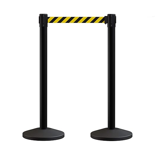 Crowd Control Warehouse CCW Series RBB-100 - Set of 2 Stanchions with Retractable Belts - 11 Foot Black/Yellow Belt, Black Post - Crowd Control Barriers