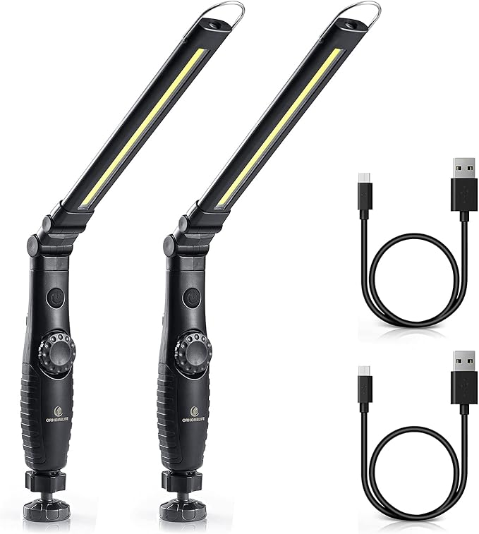 ORHOMELIFE Rechargeable LED Work Light - 750 Lumens Foldable LED Flashlight Handheld Cordless Work light with Magnetic Base, 360°Rotate, Power Indicator for Car Repair, Garage, Household (2 Pack)
