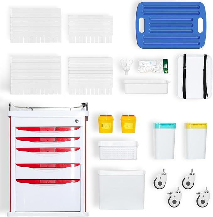 Medical Cart, Rolling Medication Carts with Silent Wheels, Adjustable IV Pole, Trash Bin & O2 Holder, Needle Disposal Holder - Ideal Nursing Trolley for Clinics, Hospitals, Salon
