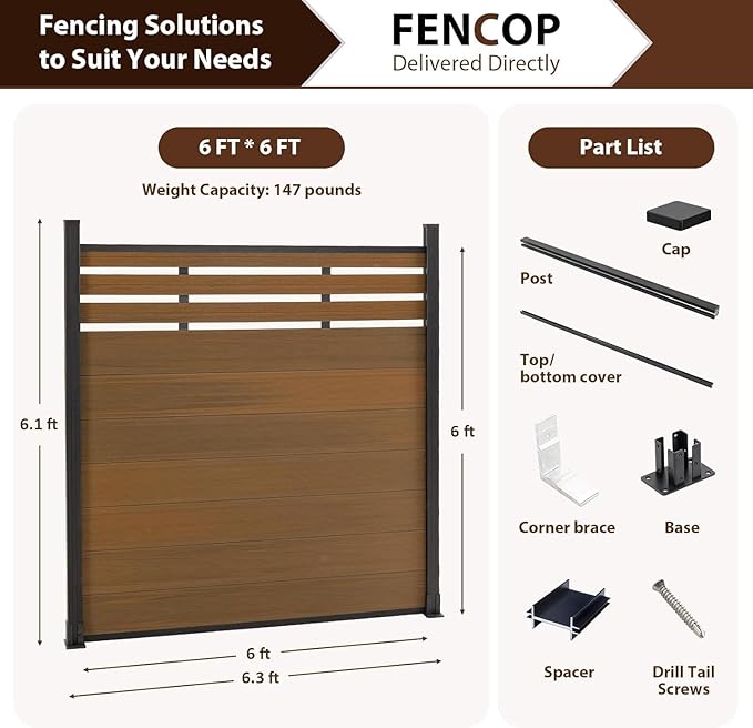 6'' x 6'' Outdoor Privacy Fence, Wind Resistant, Wood Plastic Composite Fence Panel with 1 Post, Fencing for Yard, Backyard, Garden and Pool