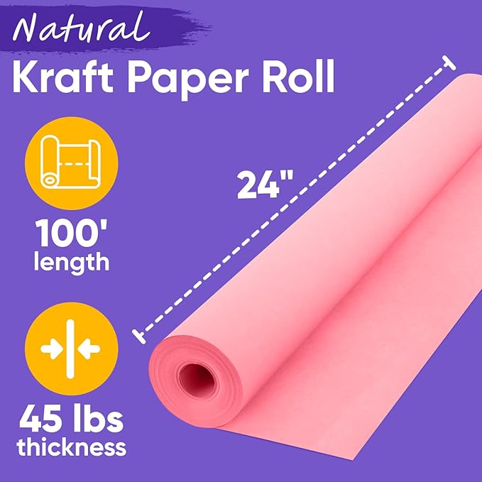 USA Made 24" x 1200" Pink Kraft Paper Roll, 45 lbs Thickness, American Quality Colored Kraft Paper for School, Poster Arts, Bulletin Board - Odorless, Non-Toxic, Safe for Kids