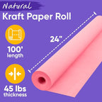 USA Made 24" x 1200" Pink Kraft Paper Roll, 45 lbs Thickness, American Quality Colored Kraft Paper for School, Poster Arts, Bulletin Board - Odorless, Non-Toxic, Safe for Kids