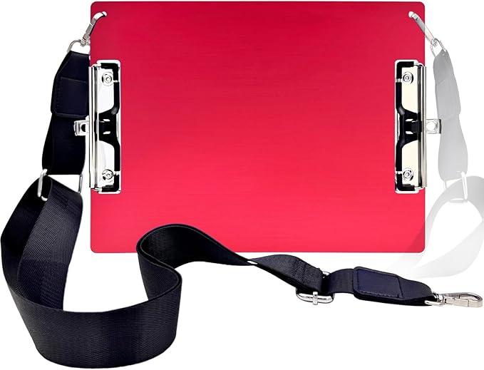 Aluminum Metal Clipboard with Detachable Adjustable Shoulder Strap A4 Double Clip Board Stainless Hangable w/Pen Holder Letter 9" x 12.6" for School Office Business Factory (Red-with Strap, A4)