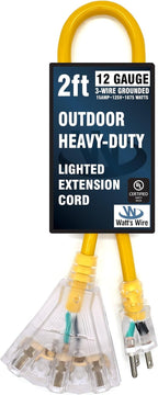 2 ft Short Outdoor Extension Cord Waterproof - 12 Gauge Heavy Duty Extension Cord Splitter Outdoor 2 ft - Lighted Outdoor Extension Cords with Multiple Outlets - Watts Wire - 2' Grounded