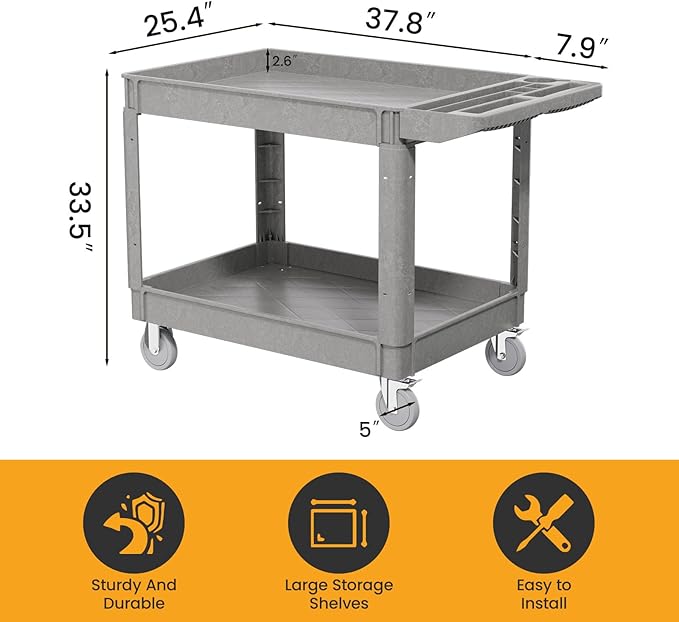 2-Tier Rolling Tool Cart,Heavy-Duty Plastic Service Cart with Lipped Shelves,550 lbs Capacity Utility Cart,46 x 26 Inch Rolling Work Carts for Garage,Salon,Kitchen,Office-Gray