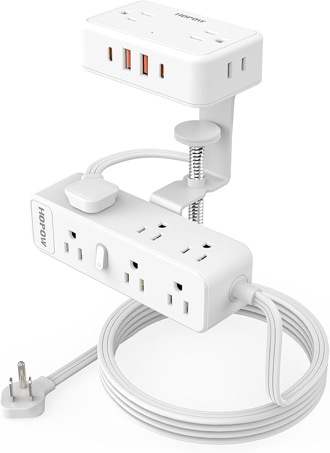 Dual Layer Desk Clamp Power Strip（White）, Desktop Edge Mount Charging Station with 13 Outlets 4 USB Ports (2 USB C), Under Desk Surge Protector(1700 Joules), 10 Ft Extension Cord for Office