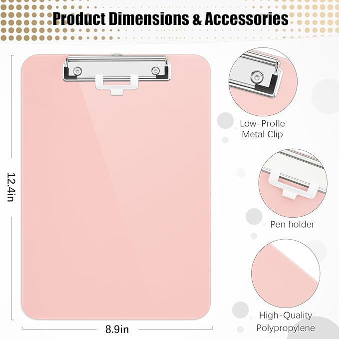 Hongri Plastic Clipboard with Pen Holder, Pink 8.5x11 Letter Size Clip Board for Classroom, Office, Students, Nurses and Women, Low Profile Clip, Size 12.5 x 9 in