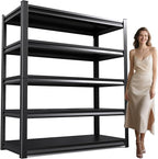 72" H/59 W Garage Shelving Heavy Duty Storage Shelves Adjustable Garage Shelves 5 Tier Metal Shelving Unit Utility Rack Shelf for Kitchen Warehouse Pantry Storage, Black, 72" H x 59" W x 20" D