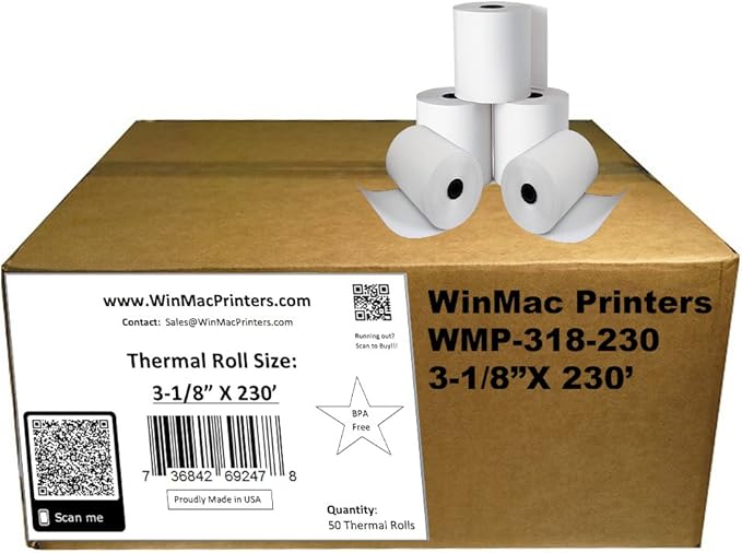Thermal Paper Rolls 3 1/8 x 230 - American Made: [50/pack] BPA Free 48 GSM Solid Tube Core CC Receipt paper for POS terminals Cash Registers Stations SCP700 TSP100 TSP300 TSP400 TSP500 TSP600