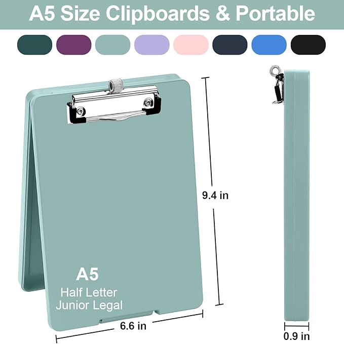 Small Clipboard with Storage, A5 Clipboards with Pen Holder, Half Letter Clip Boards 6x9 Mini Plastic Clipboard with Low Profile Clip for Classroom, School, Office Supplies (Grey Green)