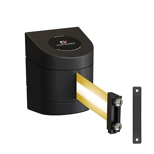 Crowd Control Warehouse - CCW Series WMB-220 Magnetic Wall Mount Retractable Belt Barrier - 15 Foot, Yellow Horizontal Reflective Stripe Belt with Black ABS Case