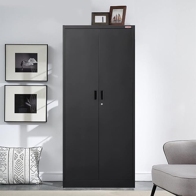 BESFUR Metal Storage Cabinet, 72" H x 36" W x 18" D Garage Storage Cabinet, Adjustable Shelves and Locking Doors for Office, School, Garage - Black