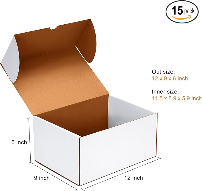 12x9x6 inch Shipping Boxes Set of 15, White Corrugated Cardboard Box Literature Mailer for Mailing Packing Moving and Storage