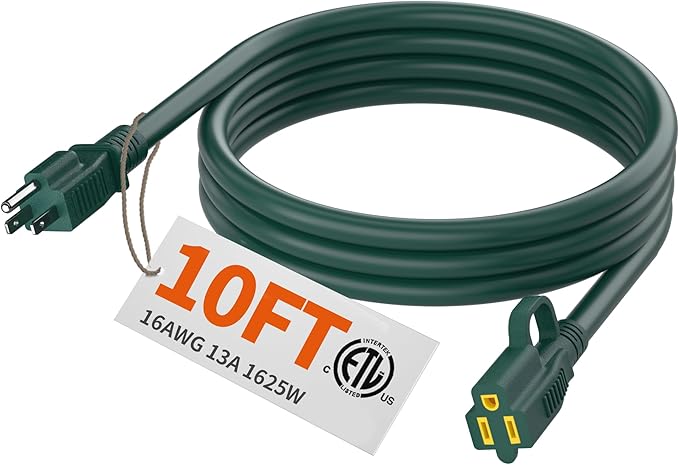 HUANCHAIN Indoor Outdoor Green Extension Cord 10 ft Waterproof, 16/3 Gauge Flexible Cold-Resistant Appliance Extension Cord Outside, 13A 1625W 16AWG SJTW, 3 Prong Electric Cable, ETL