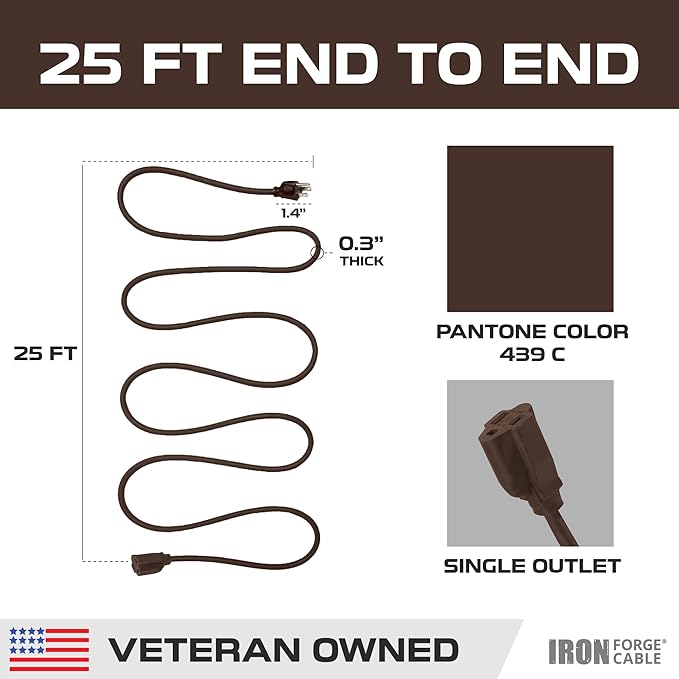 Iron Forge Cable Outdoor Brown Extension Cord 25 ft - 16 Gauge 13 Amp Heavy Duty Brown Outdoor Extension Cords 3 Prong - 16/3 SJTW - Great for Outdoor