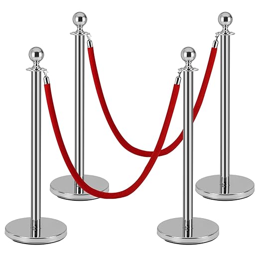 4 Pack Silver Stanchion Posts, Stanchions and Velvet Ropes, Queue Barrier Line Divider with Fillable Plastic Base for Sand or Water, Suits for Airport,Parties,Grand Opening,Casino,Bank