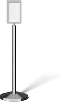 Crowd Control Warehouse Pedestal Standing Floor Sign Frame with Sloped Base, 7x11 Inch Vertical, Polished Stainless Steel