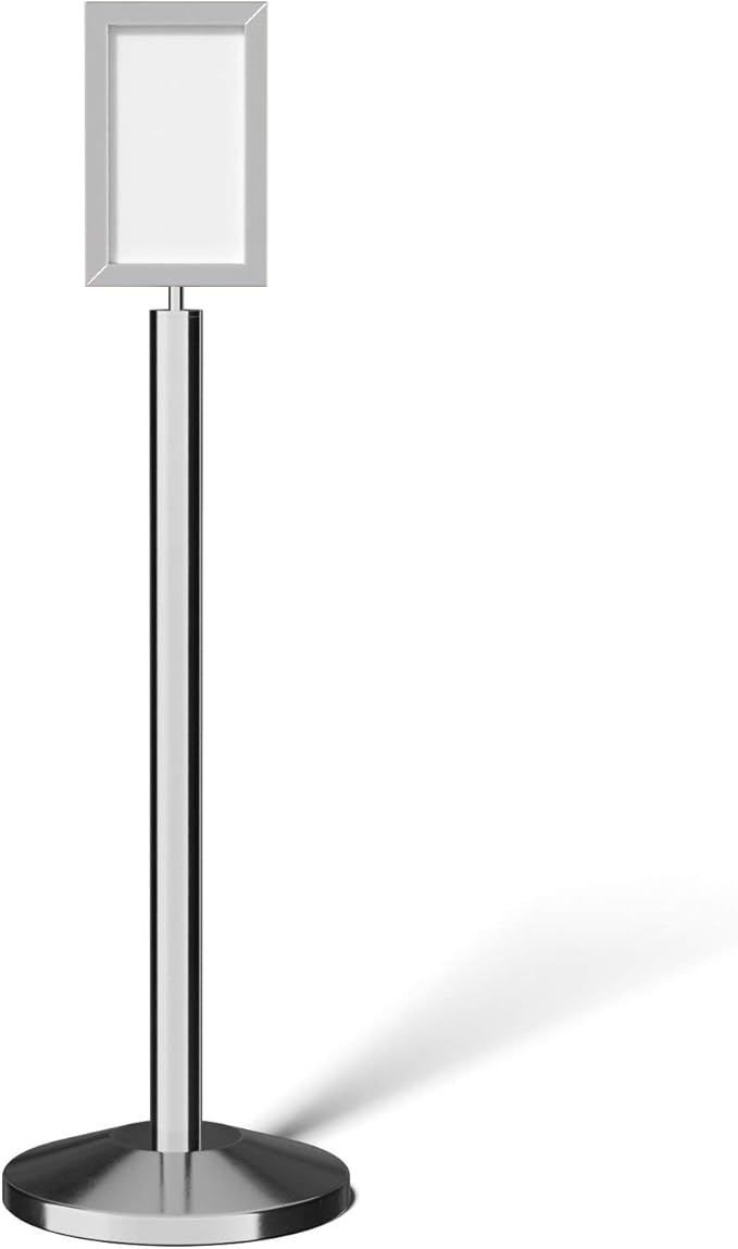 Crowd Control Warehouse Pedestal Standing Floor Sign Frame with Sloped Base, 7x11 Inch Vertical, Polished Stainless Steel