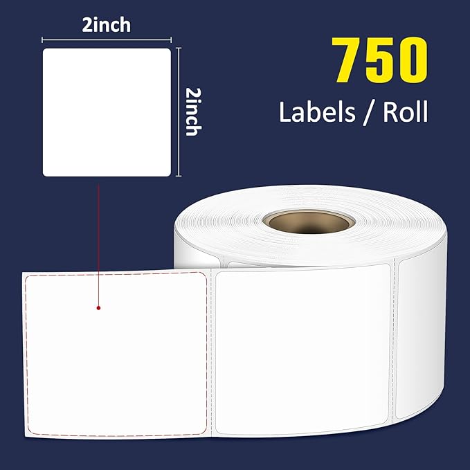 L LIKED 2" x 2" Direct Square Thermal Labels, Perforated QR Code and Barcode Stickers & Compatible with Rollo, Zebra and Other Desktop Printers (1 Roll, 750 Labels)
