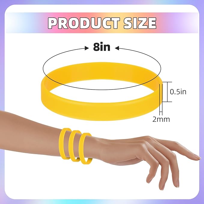 100 Pieces Rubber Bands For Silicone Bracelets, Bulk Plain Stretch Sports Elastic Rubber Wristbands For Teens, Party, Gift-Yellow